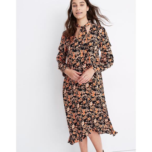 BAUM UND PFERDGARTEN Ani Tie Neck Midi Dress Womens 34 XS Navy Orange NWT